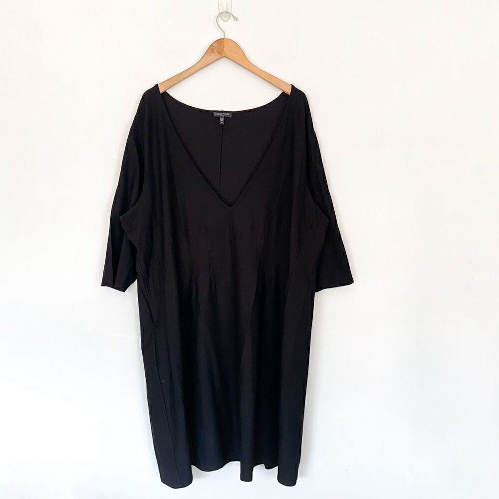 Eileen Fisher Vintage Women Black Deep V Neck Crepe 3/4 Sleeve Aline Sheath Dres